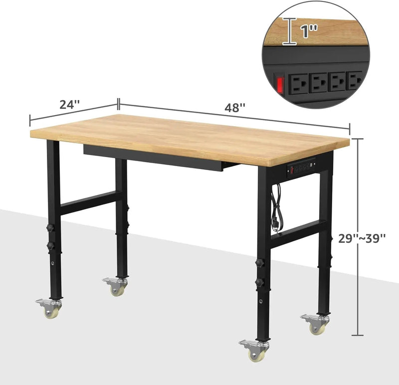 48" Adjustable Workbench,Heavy-Duty Work Table,3000 LBS Load Capacity Hardwood Workstation Outlets with Power Strips, Drawers and Wheels,for Workshop, Garage by GreenHaven Gardens