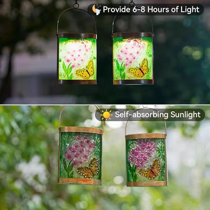 Starsoul 2 Pack Hanging Solar Lantern Outdoor Waterproof Glass Butterfly and Flowers Decorative Solar Lights for Outside Garden Yard Table Patio Decor by GreenHaven Gardens