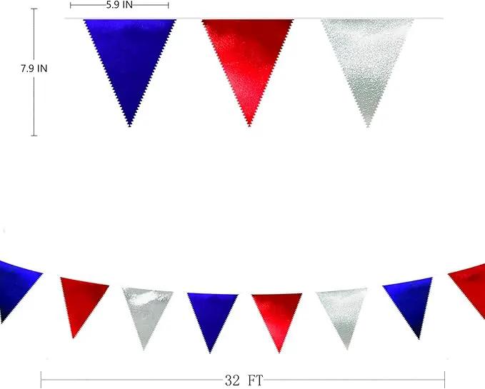 Red Blue Silver Party Decorations Metallic Fabric Triangle Pennant Banner Flag Bunting Garland for Graduations 4th of July American USA National Day Patriotic Veterans Birthday Outdoor Party Supplies by GreenHaven Gardens