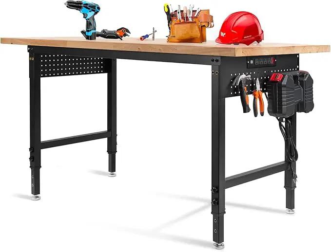 Height Adjustable Workbench Heavy Duty Work Table 2000 LBS Load Capacity 60”×22” Rubber Wood Work Station with Power Outlet & Pegboard for Garage, Workshop, Office,Party Shop, Home by GreenHaven Gardens
