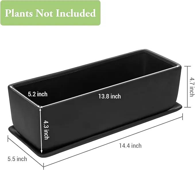 MyGift Matte Black Ceramic Indoor Plant Pot Succulent Planter, Decorative Flower Planter with Drainage Hole and Removable Tray (14 inch - 2 Pack) by GreenHaven Gardens