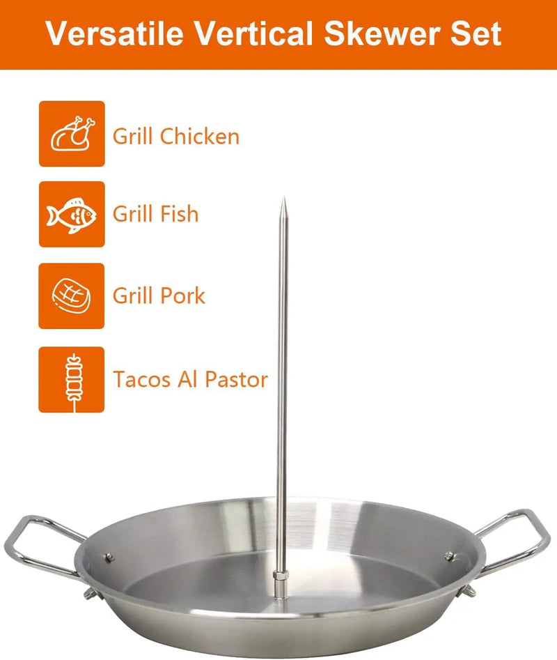 BBQ Vertical Skewer Pan Gyro Spit Shawarma Skewer Stand for oven, Al Pastor Skewer for Grill, El Pastor Hack for Tacos Al Pastor Chicken, Brazilian, Stainless Steel, with 8",10" stick by GreenHaven Gardens