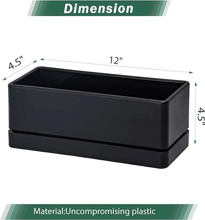 D'vine Dev 12 Inch Window Box Planter, Rectangle Plastic Herb Planter with Drainage Holes and Saucer, Indoor Succulent Cactus Vegetable Pot for Windowsill, Garden Balcony, Black, Set of 1, 76-X-B-1 by GreenHaven Gardens