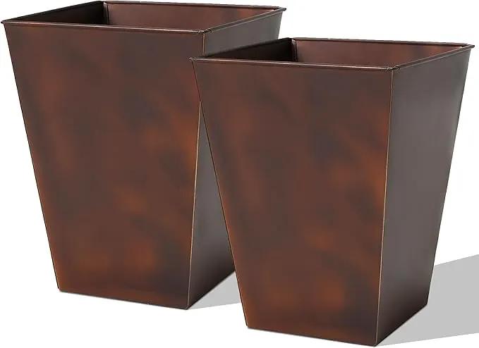 Worth Garden 14" Dia x 18" H Large Metal Floor Planter Set of 2, Matte Bronze Retro Finish Tall Square Tapered Steel Plant Pots, Decor Flower Pot Indoor & Outdoor, Drainage Hole by GreenHaven Gardens