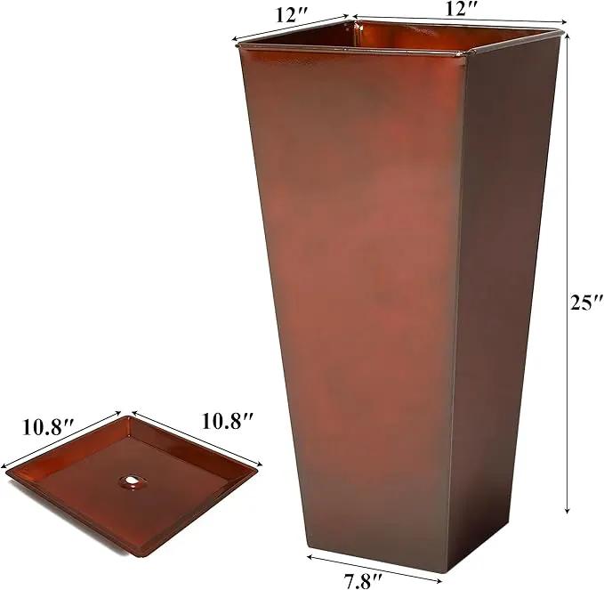 WORTH Garden 25" Large Metal Glazed Planter Set of 2, Luxurious Glossy Finish Red Tall Square Tapered Steel Plant Pots, Decor Flower Pot Indoor & Outdoor, Drainage Hole & Dual-Purpose Plant Saucer by GreenHaven Gardens