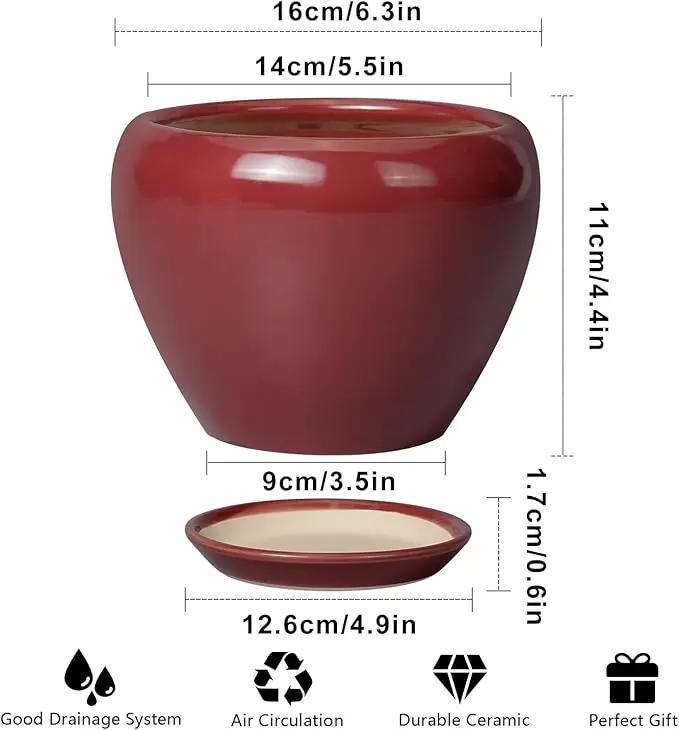 Ceramic Pot for Plants - 6 Inch Plant Pot Indoor with Drainage Hole and Saucer Succulent Pot Outdoor Planter Round Flower Pot for House Patio Decor Red by GreenHaven Gardens