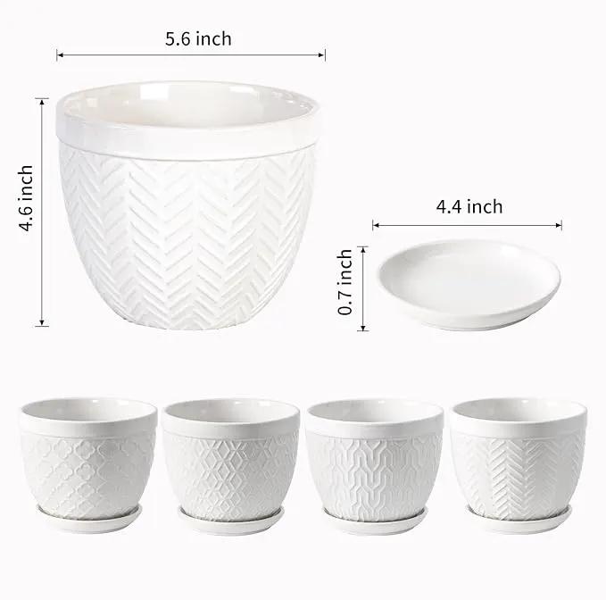 Sureasy Ceramic Indoor Plant Pots - 5.6 Inch Flower Pots for Plants with Drainage Hole and Saucer, Embossed Planter for Succulents, Orchid, Cactus, Indoor Home Decor, Set of 4, White by GreenHaven Gardens