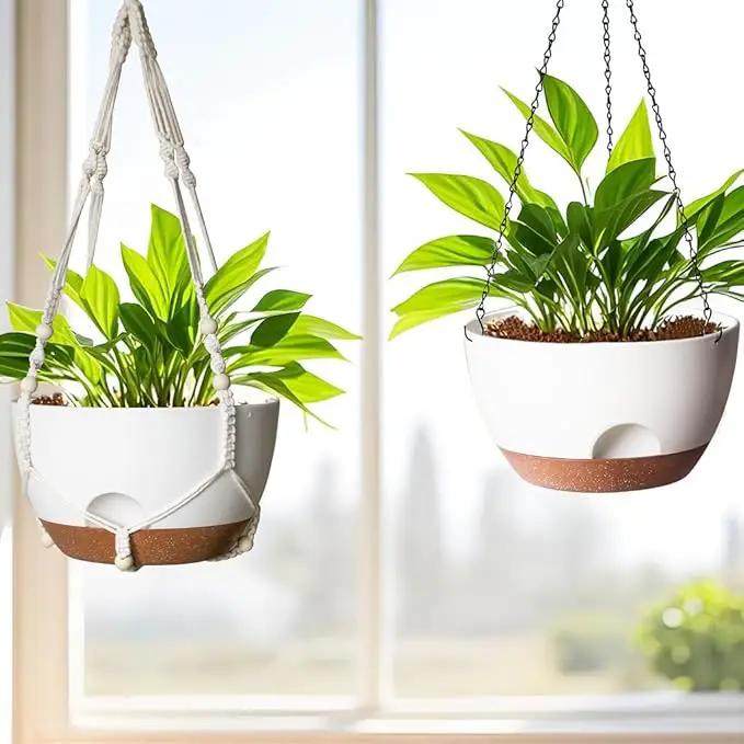 12 Inch Hanging Baskets for Plants Outdoor, Hanging Planters for Indoor Outdoor Plants, Hanging Planter with Self Watering, Hanging Flower Pots (White Planter with Macrame + Iron Hangers) by GreenHaven Gardens