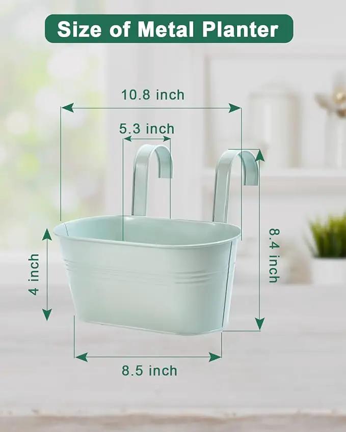 vensovo Metal Railing Planter for Outdoor Plants - 3 Pack Balcony Hanging Flower Pots with Detachable Hooks and Drain Holes Oval Bucket Rail Box Fence Planters for Home Garden Decor, Light Green by GreenHaven Gardens