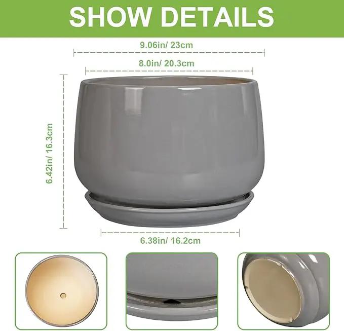 G EPGardening Ceramic Plant Pots - 9 Inch Modern Round Planter with Drainage and Plant Saucer for Indoor Outdoor Flower, Apartment Decor, Birthday Gifts, Grey by GreenHaven Gardens