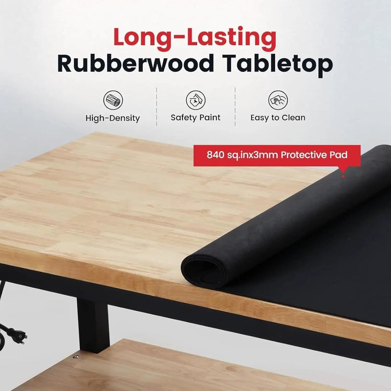Workbench with Double Layers 48 x 20 Inch Heavy Duty Rubberwood Tabletop Work Table for Garage Adjustable Height Work Bench with Power Outlets Pegboard Pad for Woodworking Shop, Home, Office by GreenHaven Gardens