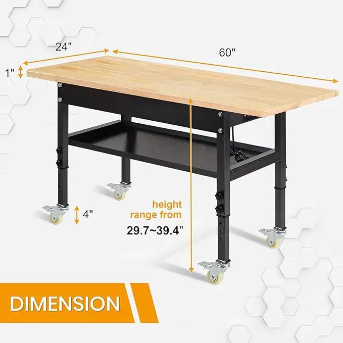 48"/60'' Adjustable Workbench, Rubber Wood Top Work Bench Heavy-Duty Work Table with Power Outlet, Wheels, Partition 2000 LBS Load Capacity Hardwood Work Benches for Garage, Workshop, Home, Office by GreenHaven Gardens