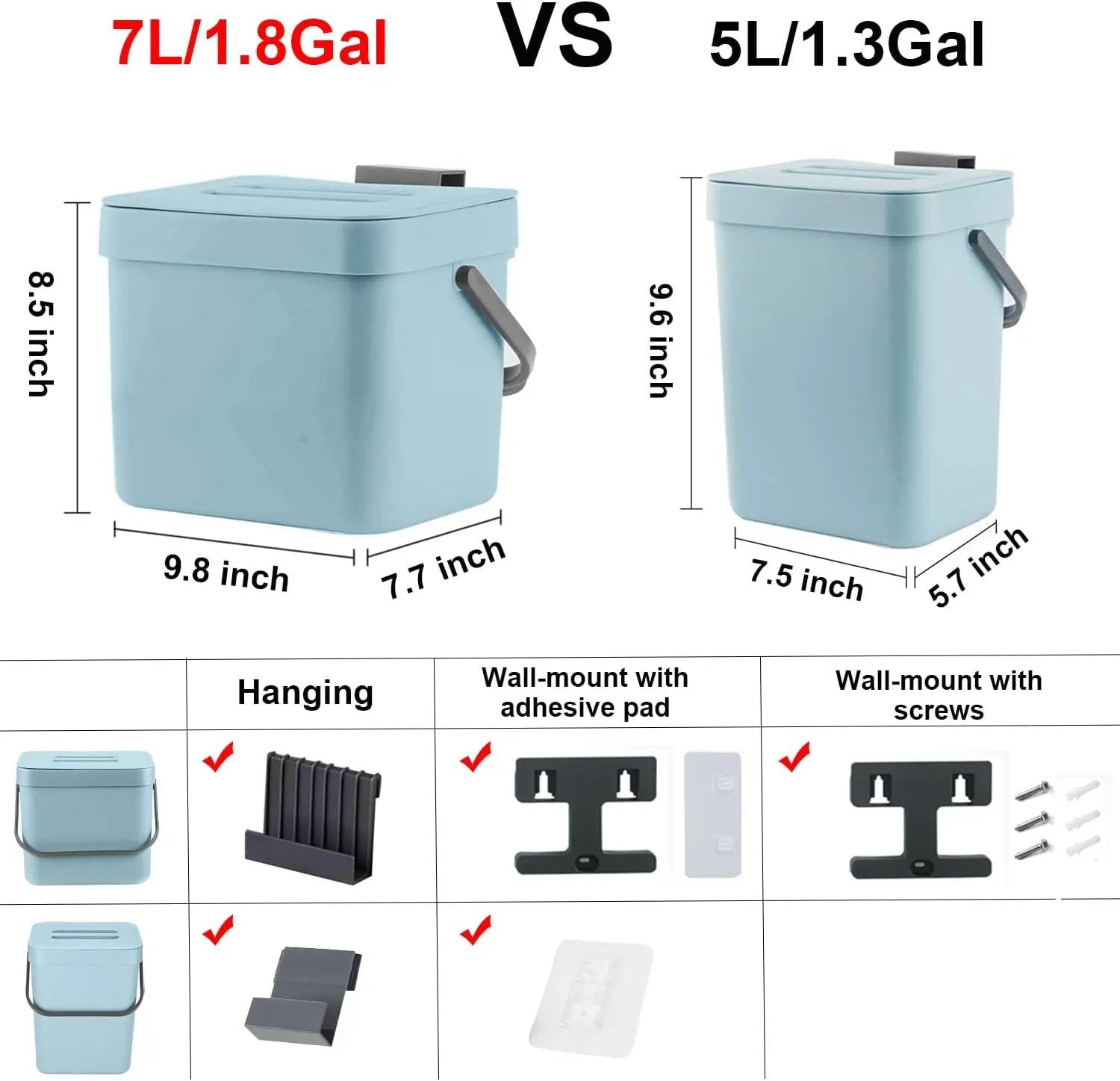LALASTAR Kitchen Compost Bin, Hanging Trash Can with Lid for Kitchen Cabinet Door, Under Sink, Wall Mounted Waste Bin for Bathroom, 1.8 Gallon, Blue by GreenHaven Gardens