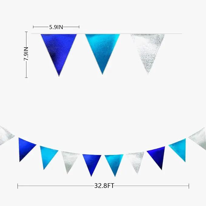 Navy Blue Silver Party Decorations Metallic Fabric Triangle Pennant Banner Flag Bunting Garland for Graduation Birthday Retirement Wedding Bachelorette Nautical Ahoy Achor Outdoor Party Supplies by GreenHaven Gardens