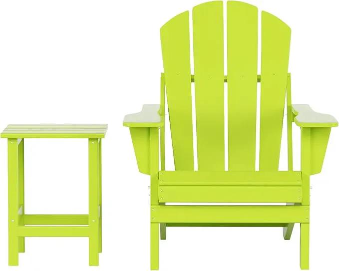 WO Home Furniture Adirondack Chair Table Set of 2 PCS Outdoor Folding Chair w Side Table Weather/UV Resistant for Lawn, Garden, Bon Fire, Balcony (Lime) by GreenHaven Gardens