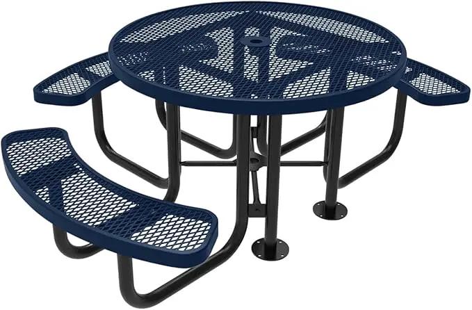 Heavy-Duty Portable Outdoor Picnic Table with Umbrella Hole, Expanded Metal Patio Dining Furniture Made in America (46" Round Top, Textured Dark Blue) by GreenHaven Gardens