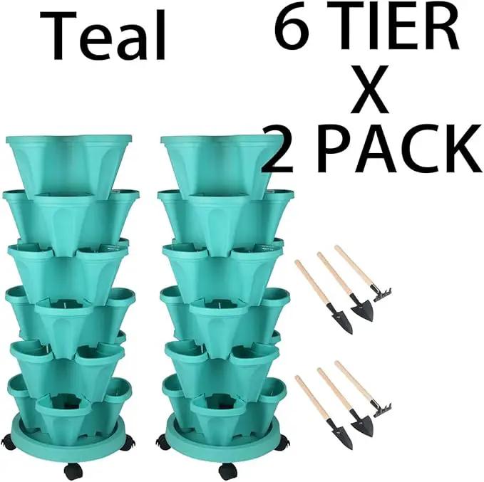 Vertical Planter 6 Tier Stackable Planters Garden Planters Strawberry Herb Flower and Vegetable Planter Indoor Outdoor Gardening Pots with Removable Wheels and Tools by GreenHaven Gardens