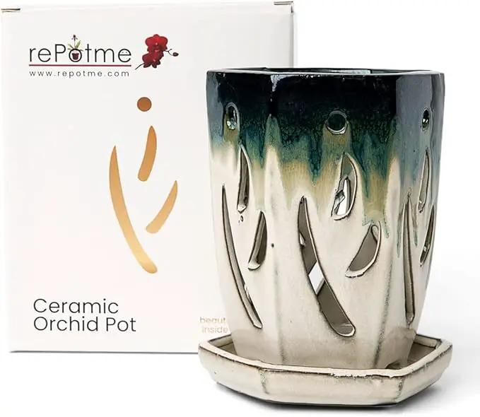 rePotme 4 x 6 inch Ceramic Orchid Pot (Evergreen Emerald Over Cream) - Hexagon Orchid Pot with Holes by GreenHaven Gardens