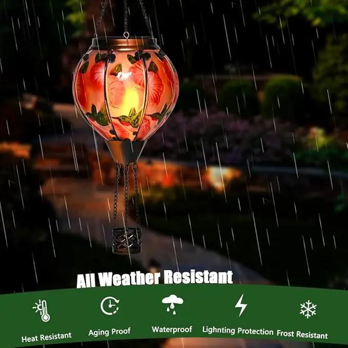 Hot Air Balloon Solar Lantern - Simulated Flickering Flame Hummingbird Glass Lantern, Outdoor Hanging Yard Light Waterproof IP65 & Weather Resistant for Garden Patio Lawn Porch Decor Gfit by GreenHaven Gardens