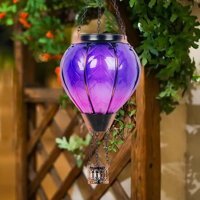 Starsoul Purple Hot Air Balloon Solar Lantern with Flickering Flame Light Glass Solar Powered Hot Air Balloon Lamp Waterproof Hanging Hot Air Balloon Led Lights by GreenHaven Gardens