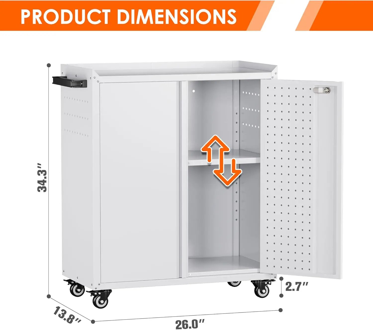 Garage Storage Cabinet with Wheels & Pegboard, 34.3" H Locking Metal Tool Storage Cabinet with Doors and Shelf & 4 Hooks for Garage, Home, Workshops, Assembly Required, White by GreenHaven Gardens