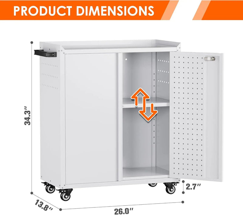 Garage Storage Cabinet with Wheels & Pegboard, 34.3" H Locking Metal Tool Storage Cabinet with Doors and Shelf & 4 Hooks for Garage, Home, Workshops, Assembly Required, White by GreenHaven Gardens