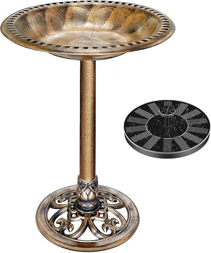 VIVOHOME Polyresin Antique Outdoor Golden Garden Bird Bath and Solar Powered Round Pond Fountain Combo Set by GreenHaven Gardens