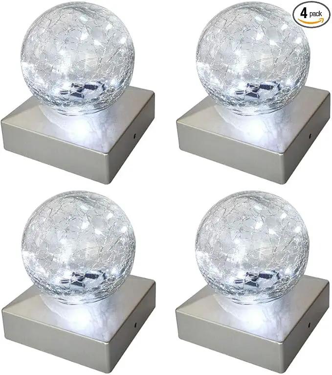 Solar Post Lights - Outdoor Post Cap Light for Fence Deck or Patio Garden Decoration- Solar Powered Gazing Ball Caps, LED Lighting, Lamp Fits 4x4 - White 4 Pack by GreenHaven Gardens