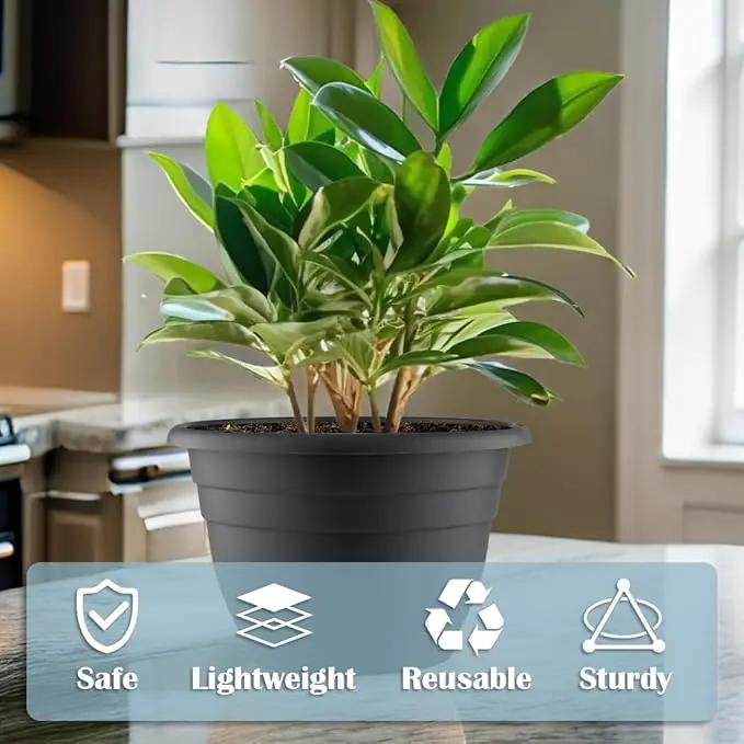 11 Inch Plant Pots, 3 Pack Planters for Indoor Ourdoor Plants, Round Plastic Flower Pots, Large Planters with Drainage Hole and Plug, Gray by GreenHaven Gardens