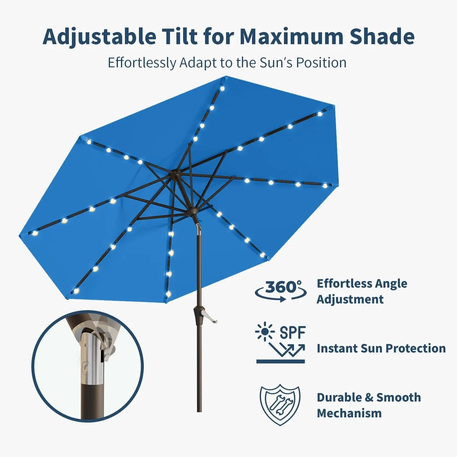 9FT Solar Umbrella 32 LED Lighted Patio Umbrella Table Market Umbrella w/Tilt and Crank, UV-Resistant Outdoor Umbrella for Pool, Garden, Deck, Royal Blue by GreenHaven Gardens