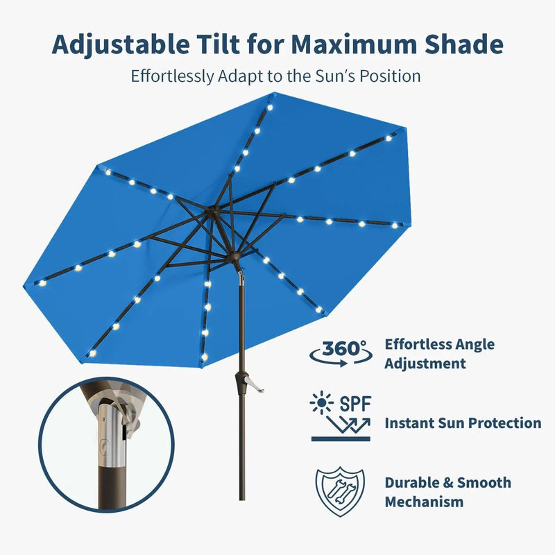 9FT Solar Umbrella 32 LED Lighted Patio Umbrella Table Market Umbrella w/Tilt and Crank, UV-Resistant Outdoor Umbrella for Pool, Garden, Deck, Royal Blue by GreenHaven Gardens