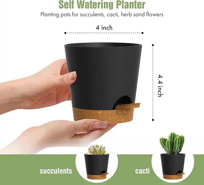 4 inch Self Watering Pots for Indoor Outdoor Plants, 6 Pack Plastic Flower Planters with Drainage Holes and Removable Saucers, Plant Pots with Wicking Rope, Modern Decor, Black Brown by GreenHaven Gardens