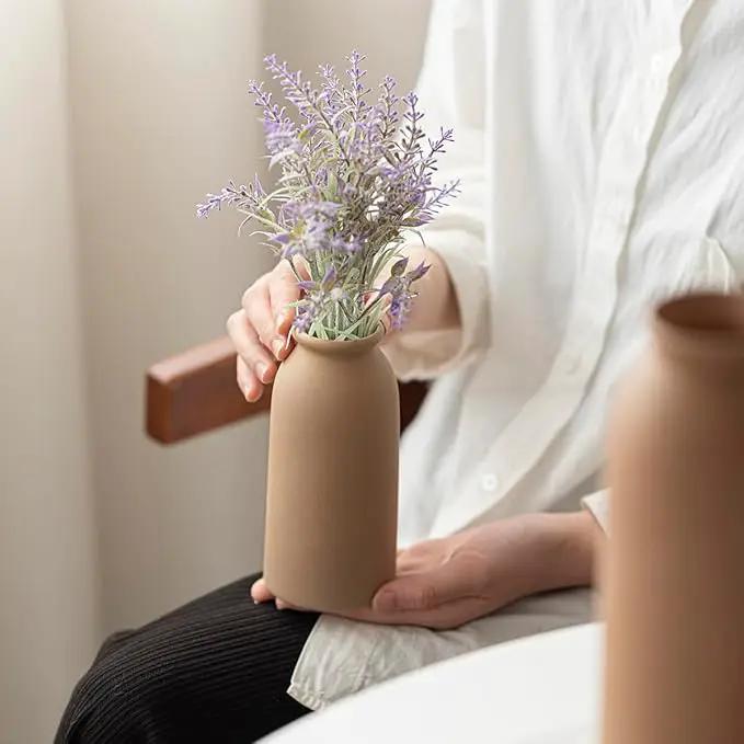Ceramic Vase Set-3, Small Flower Vases for Decor, Modern Boho Farmhouse Style, Decorative Vases for Pampas Grass & Dried Flowers, Distressed Finish (Earth Tone)