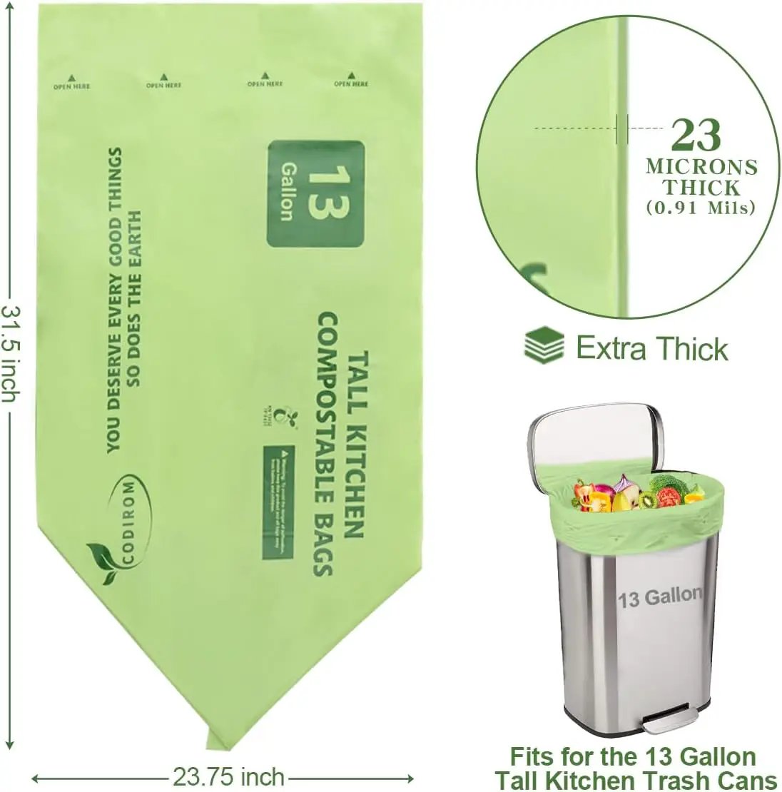 100% Compostable Trash Bags, 13 Gallon, 49.2 Liter, 0.91 Mils, 65 Count Kitchen Tall Food Scrap Compost Bags for Tall Kitchen Trash Cans with Europe EN13432 Certified by GreenHaven Gardens