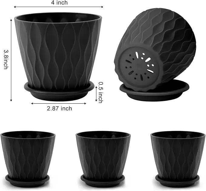 4 inch Plant Pots, 5 Pack Flower Pots Outdoor Indoor, Planters with Drainage Holes and Tray Saucers(Black) by GreenHaven Gardens