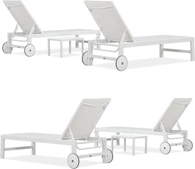 PURPLE LEAF Outdoor Chaise Lounge Staight Legs Adjustable Sunbathing Recliner with Side Table Cream 2 Sets by GreenHaven Gardens