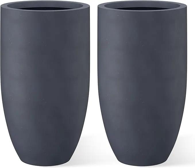 Kante 24 Inch Tall Round Concrete Planter, 2 Pack Large Indoor Outdoor Plant Pots with Drainage Hole and Rubber Plug, Modern Decorative Garden Pots for Home Patio Porch, Charcoal by GreenHaven Gardens