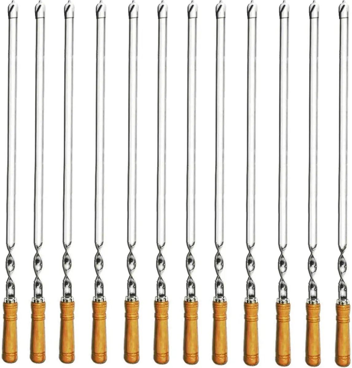 12 Pack Kabob Skewers BBQ Barbecue Skewers Stainless Steel Sticks 23.5 Inch Heavy Duty Large Wide Reusable with Nonslip Wooden Handle Ideal for Shish Kebab Chicken Shrimp and Vegetables by GreenHaven Gardens