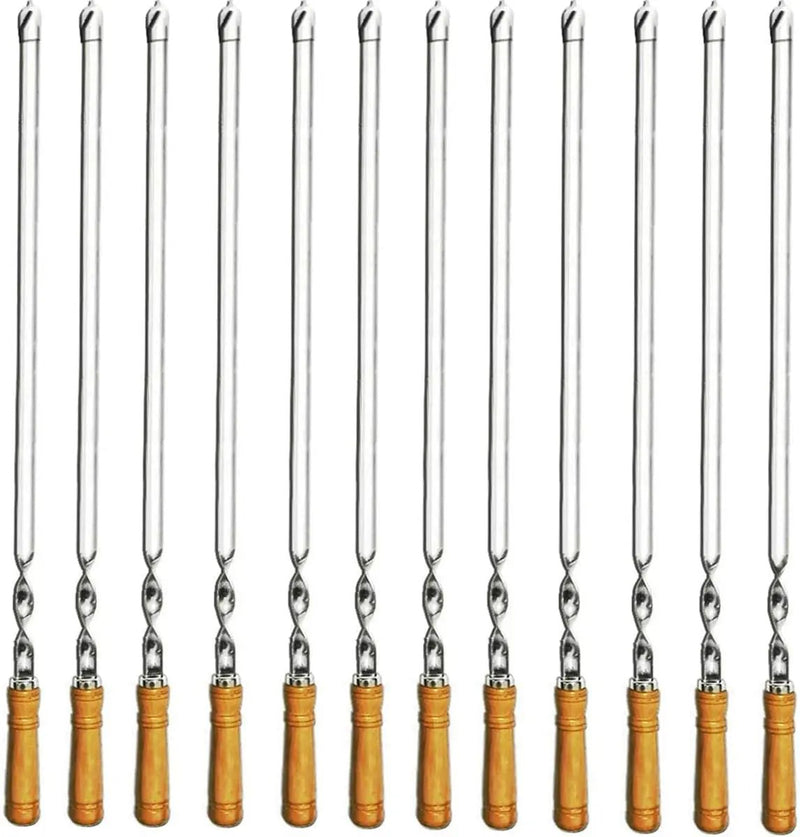 12 Pack Kabob Skewers BBQ Barbecue Skewers Stainless Steel Sticks 23.5 Inch Heavy Duty Large Wide Reusable with Nonslip Wooden Handle Ideal for Shish Kebab Chicken Shrimp and Vegetables by GreenHaven Gardens