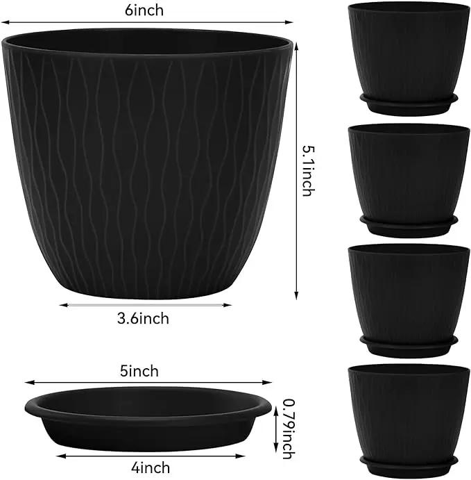 Plant Pots – 6 Inch Planters with Drainage Holes and Saucers, Flower Pots for Indoor and Outdoor Plants, Nursery Planting Pots (Pack of 5, Black) by GreenHaven Gardens