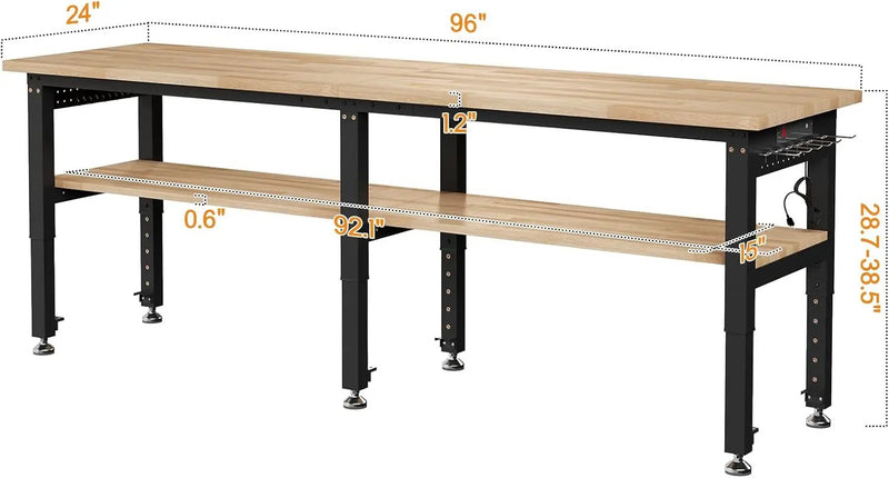 Albott 96" Adjustable 2-Tier Workbench with Solid Wood Top, Max 2000lbs Capacity, Built-in Power Strip with 4 AC Outlets & 2 USB Ports, Pegboard & 20 Hooks, Shop Garage Office by GreenHaven Gardens