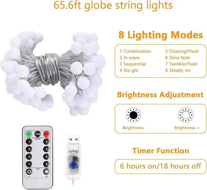 Globe String Lights 65.6 Ft. 120LEDs 8 Modes with Remote,USB Fairy Lights Plug in,Waterproof LED String Lights for Indoor Outdoor Bedroom Party Wedding Garden Christmas Tree Decor,Warm White by GreenHaven Gardens