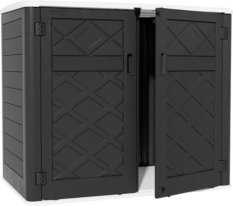 ZZM Large Outdoor Storage Shed, 48 Cu Ft Resin Versatile Storage Cabinet for Patio Accessories, Trash Cans & Garden Tools, Durable Horizontal Storage Box with Lockable Lid (Black) by GreenHaven Gardens