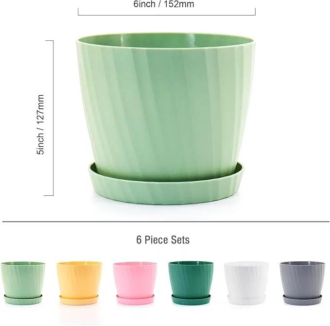 6 Inch Plant Pots Bulk, 6 Pack Plastic Planters with Drainage Holes and Saucers for Indoor Outdoor House Plants and Flowers, Colorful by GreenHaven Gardens