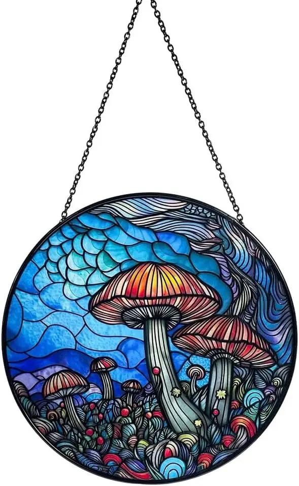 Stained Glass Window Hanging - 7.8‘’ "Enchanted Forest Mushroom Suncatcher for Home and Office Décor Sun Catcher Circular Artwork by GreenHaven Gardens