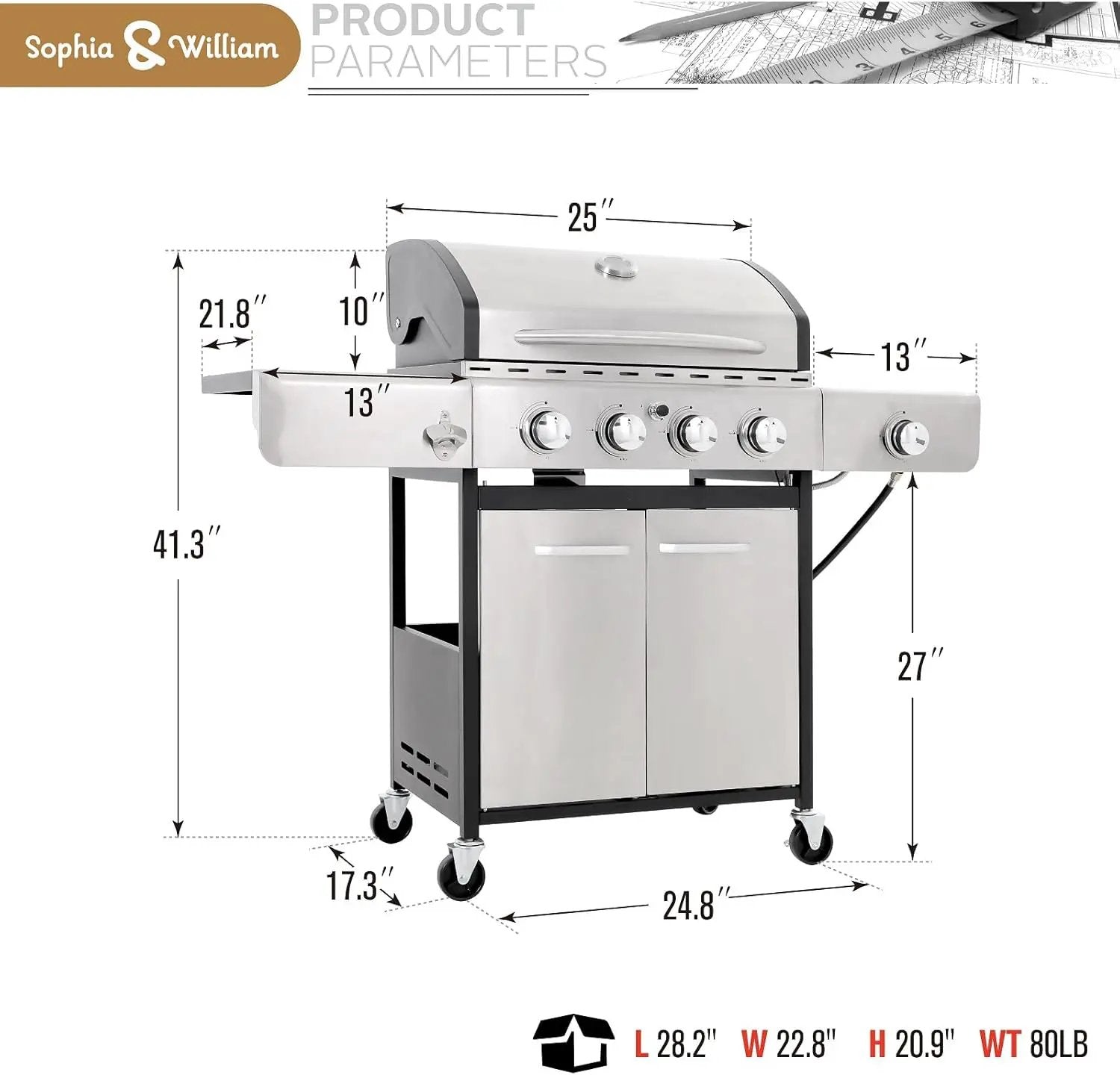 Sophia & William 4-Burner Propane Gas BBQ Grill with Side Burner and Porcelain-Enameled Cast Iron Grates, Stainless Steel Barbecue Grills Outdoor Cooking, Silver Cabinet Style, 42,000BTU by GreenHaven Gardens