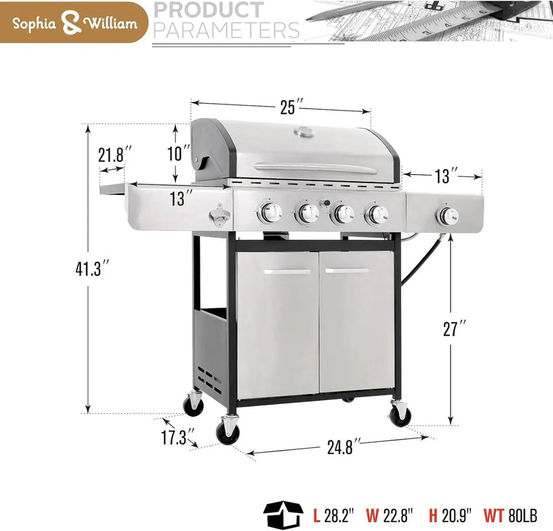 Sophia & William 4-Burner Propane Gas BBQ Grill with Side Burner and Porcelain-Enameled Cast Iron Grates, Stainless Steel Barbecue Grills Outdoor Cooking, Silver Cabinet Style, 42,000BTU by GreenHaven Gardens
