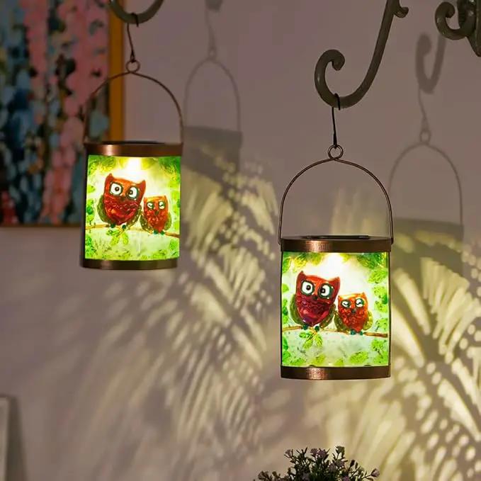Starsoul 2 Pack Hanging Solar Lantern Outdoor Waterproof Owls Nestled on Branch Glass Decorative Solar Lights for Outside Garden Yard Table Patio Decor by GreenHaven Gardens