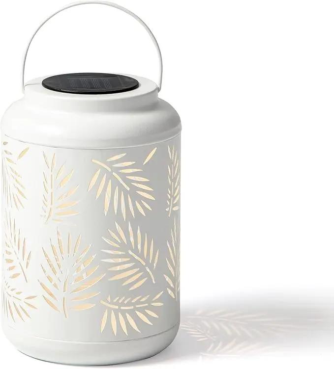 Glitzhome Solar Lantern White Metal Cutout Leaf Outdoor Hanging Solar Light with Handle for Garden Patio Yard Outdoor Decor by GreenHaven Gardens