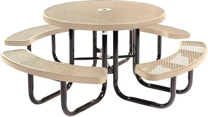 Heavy-Duty Portable Outdoor Picnic Table with Umbrella Hole, Expanded Metal Commercial-Grade Patio Dining Furniture Made in America (46" Round Top, Tan) by GreenHaven Gardens